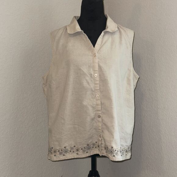 Sonoma Shirt Women’s XL Beige Linen Embroidered Floral Sleeveless Button-Up - Picture 1 of 9